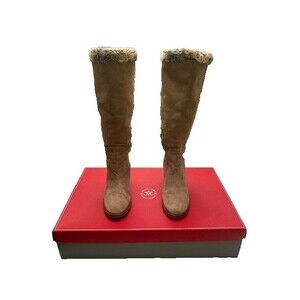 Johnston & Murphy Womens Boots Size 6.5M Taupe Suede Faux Fur Lining Side Zipper